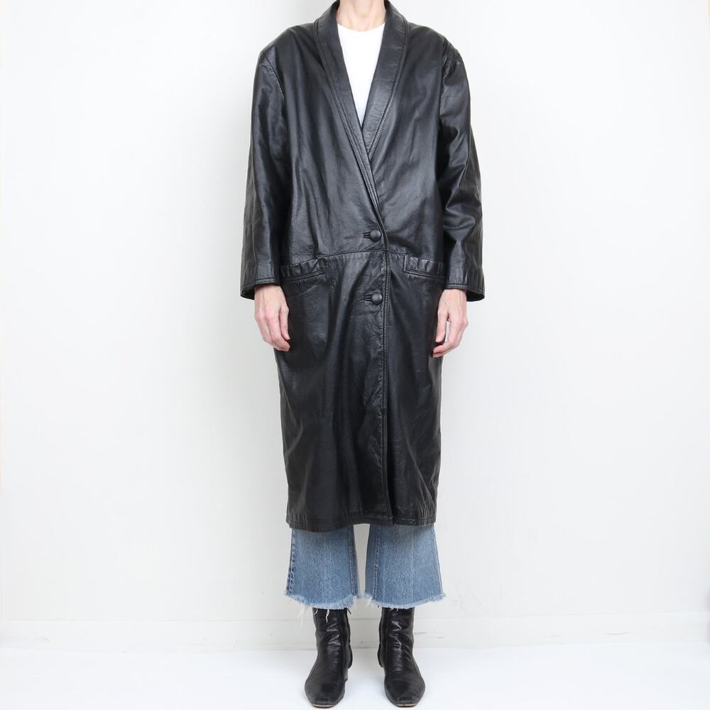 Vintage 1980s Long Leather Coat L